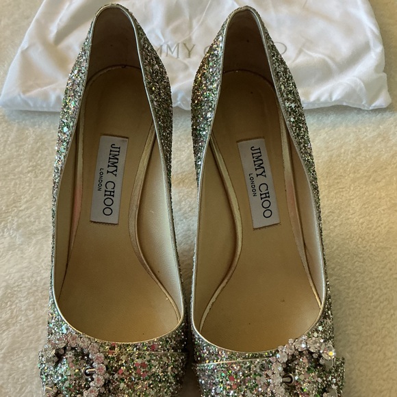 Rare Jimmy Choo Green Saresa 85 Glittered Court Shoes With Crystal Buckle - Picture 5 of 9